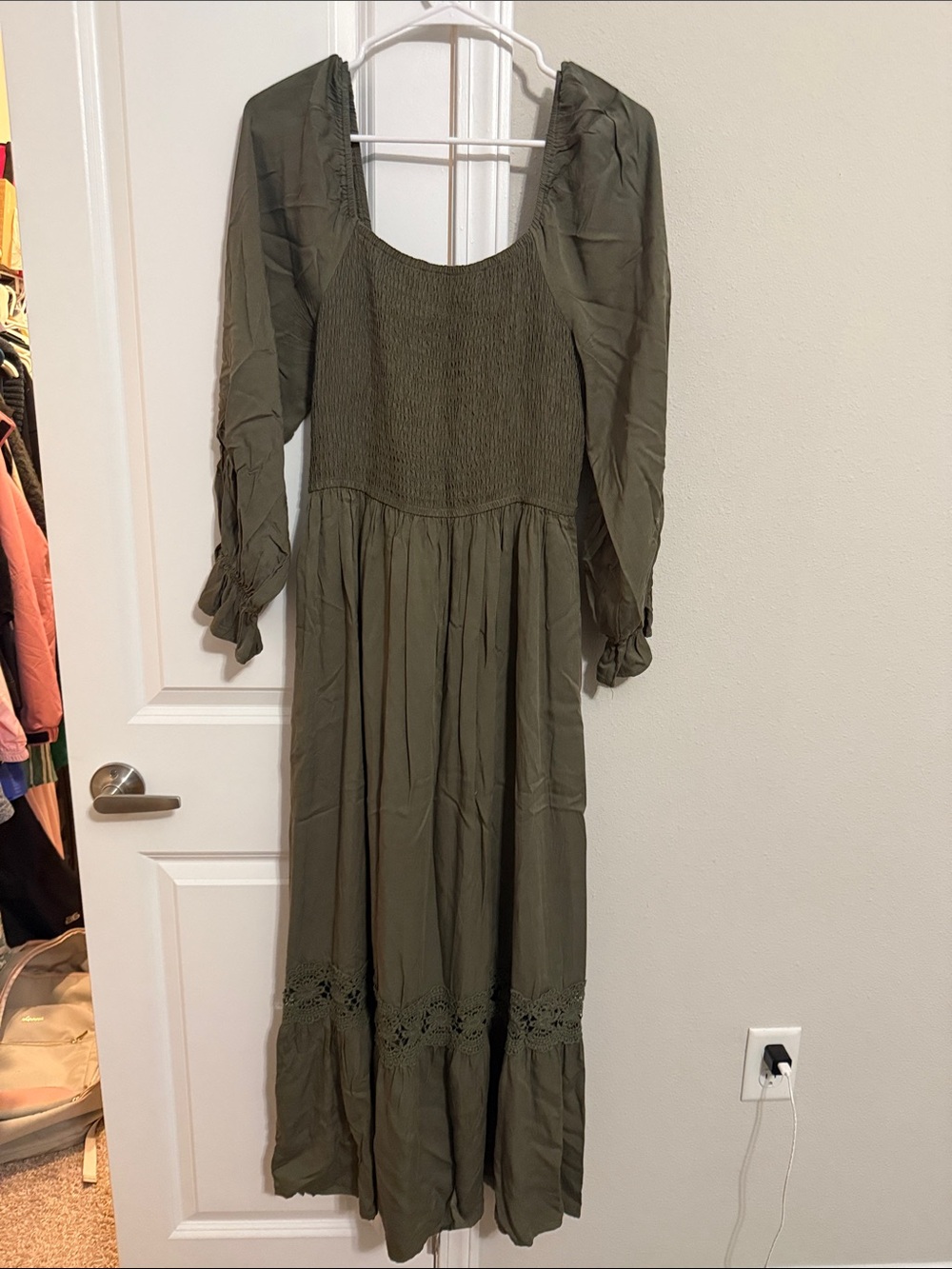 Olive Green Long Sleeve Smocked Maxi Dress